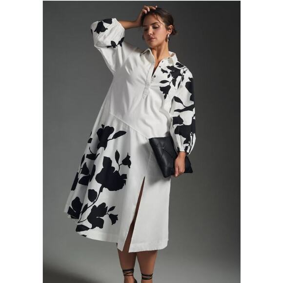 Anthropologie X Jo Faulkner Button-Front Black White Floral Asymmetrical Dress S - Picture 3 of 12